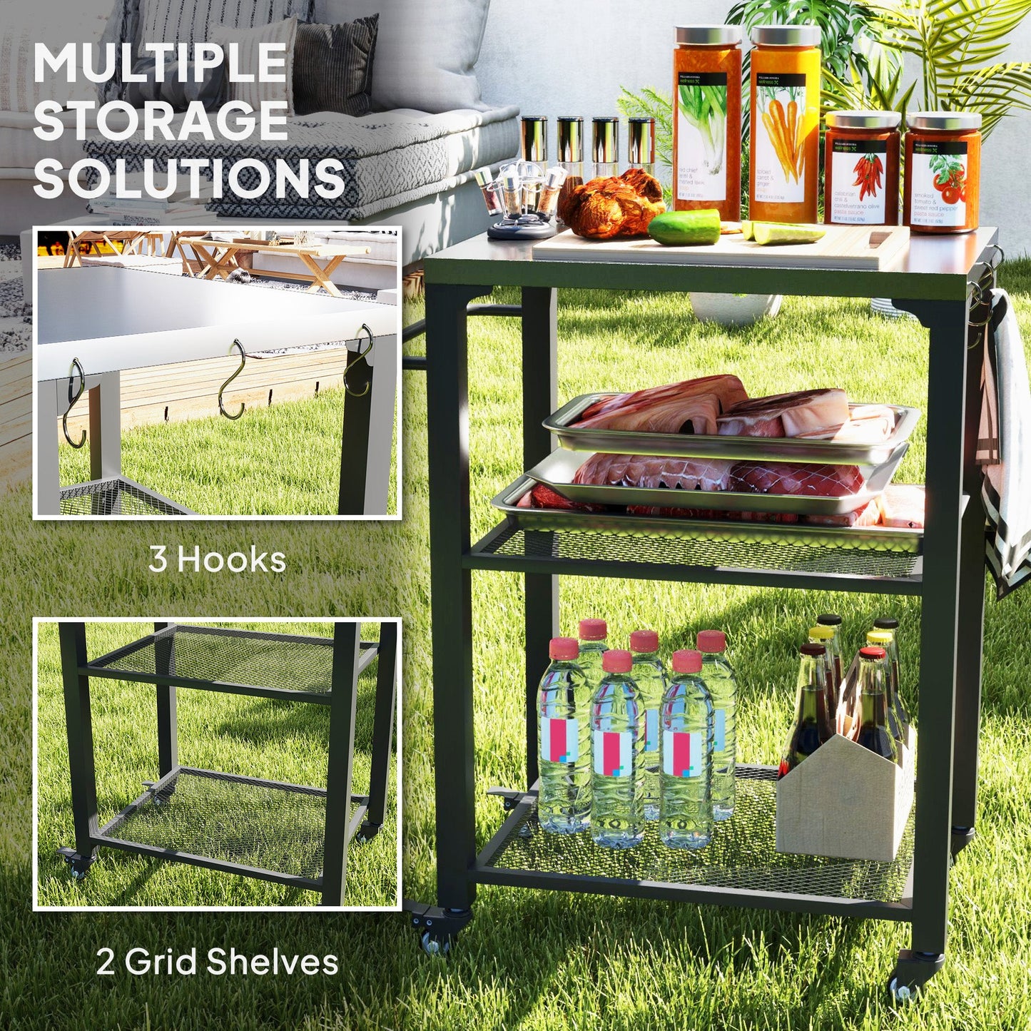 Outsunny 3-Shelf Outdoor Grill Cart, Outdoor Kitchen w/ Stainless Steel Top