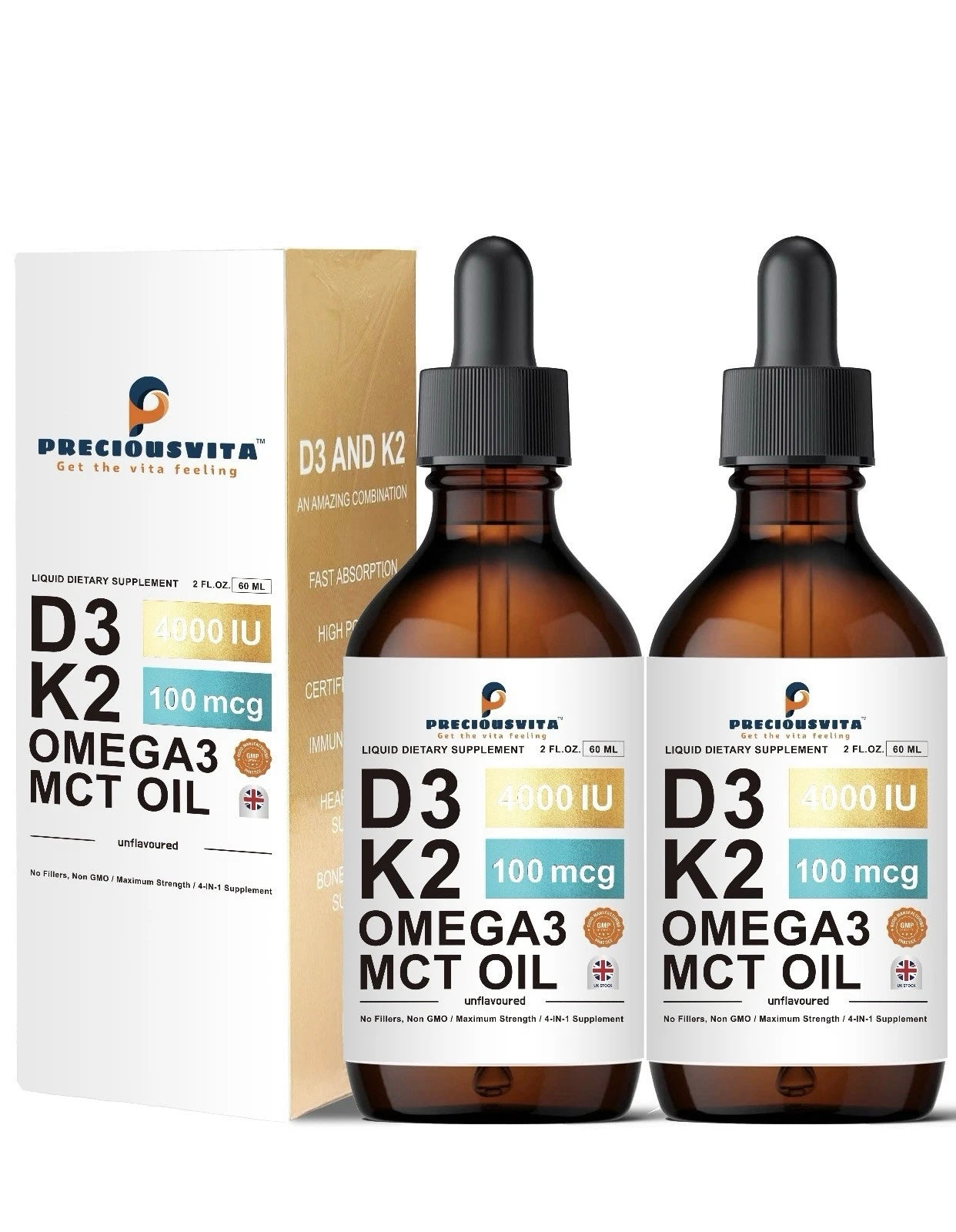 Preciousvita Vitamin D3K2 Liquid Drops,Vitamin D3 4000iu & Vitamin K2 100MCG,Unflavoured,60ml