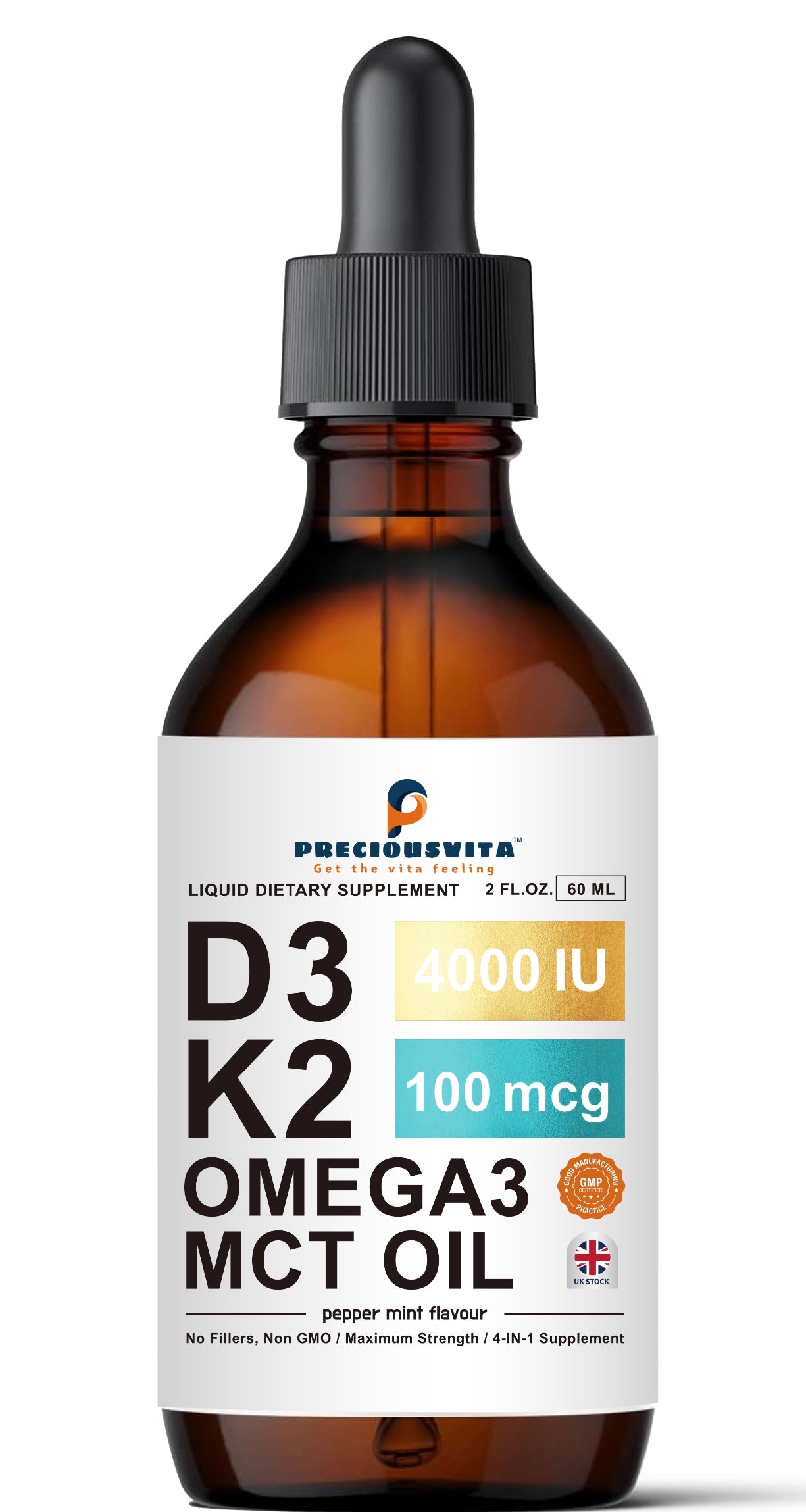 Preciousvita Vitamin D3K2 Liquid Drops,Vitamin D3:4000iu & Vitamin K2:100MCG,Peppermint Flavoured, 60ml