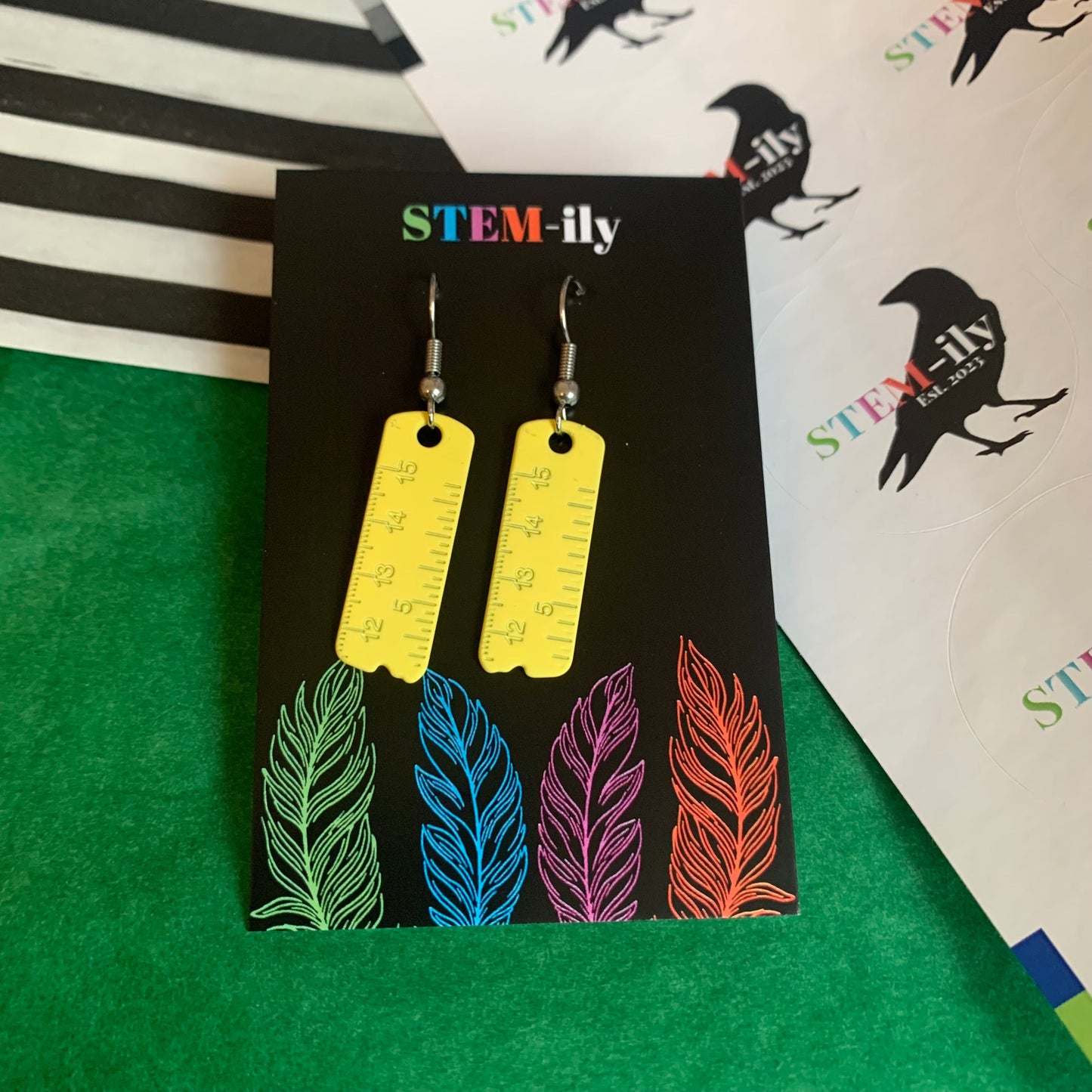 Quirky colourful miniature ruler stationary silver earrings on hypoallergenic surgical steel hooks.