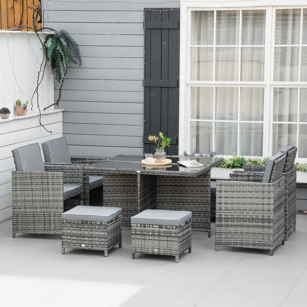 9PC Rattan Garden Furniture Set 8 Wicker Dining Chairs Footrest Table