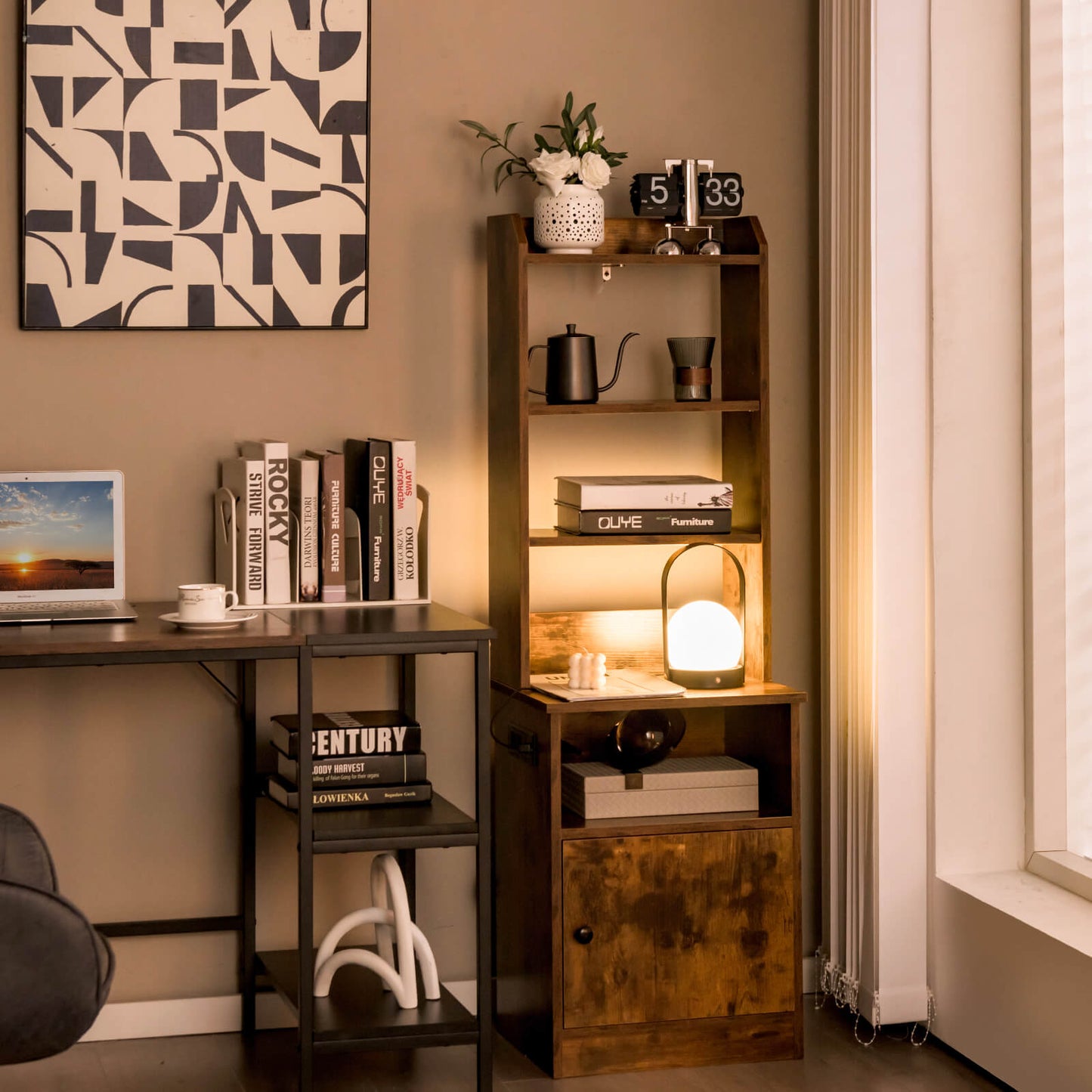 6-Tier Nightstand with Charging Station Tall with Shelf and Cabinet-White
