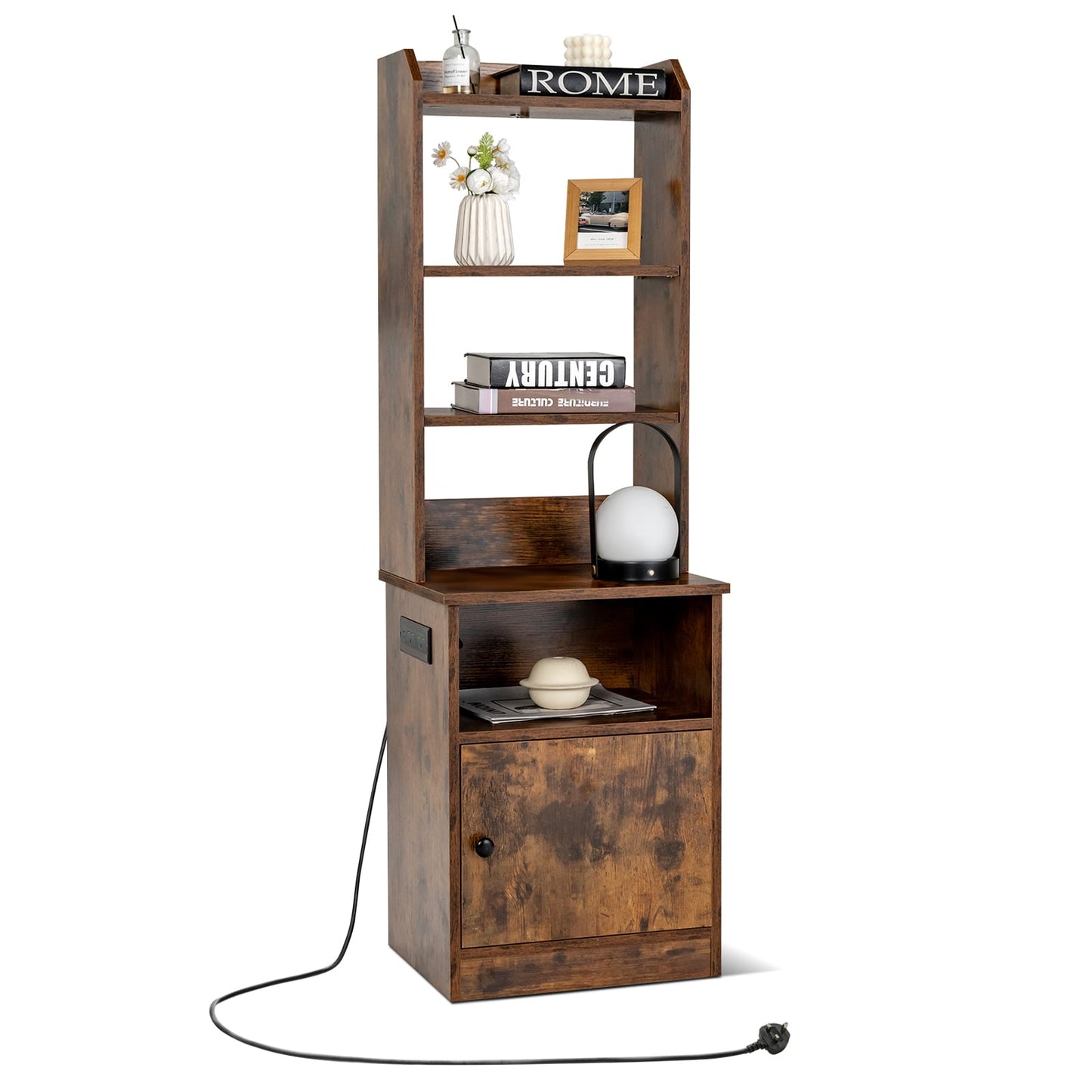 6-Tier Nightstand with Charging Station Tall with Shelf and Cabinet-White