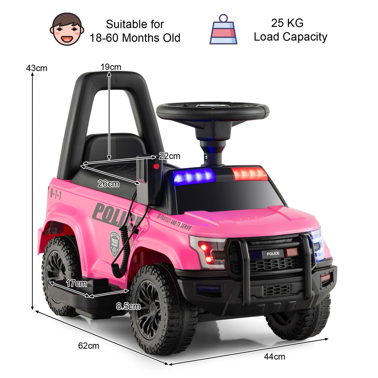6V Kids Ride On Police Car with Side Megaphone-Black
