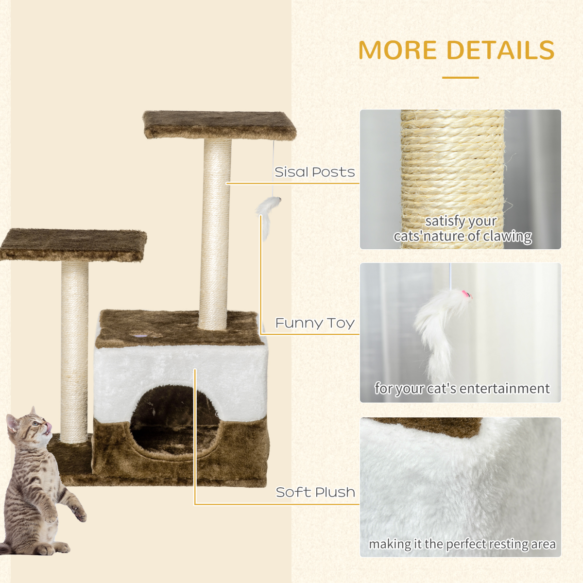 Cat Tree w/ Sisal Scratching Posts, House, Perches, Toy Mouse - Brown Pawhut