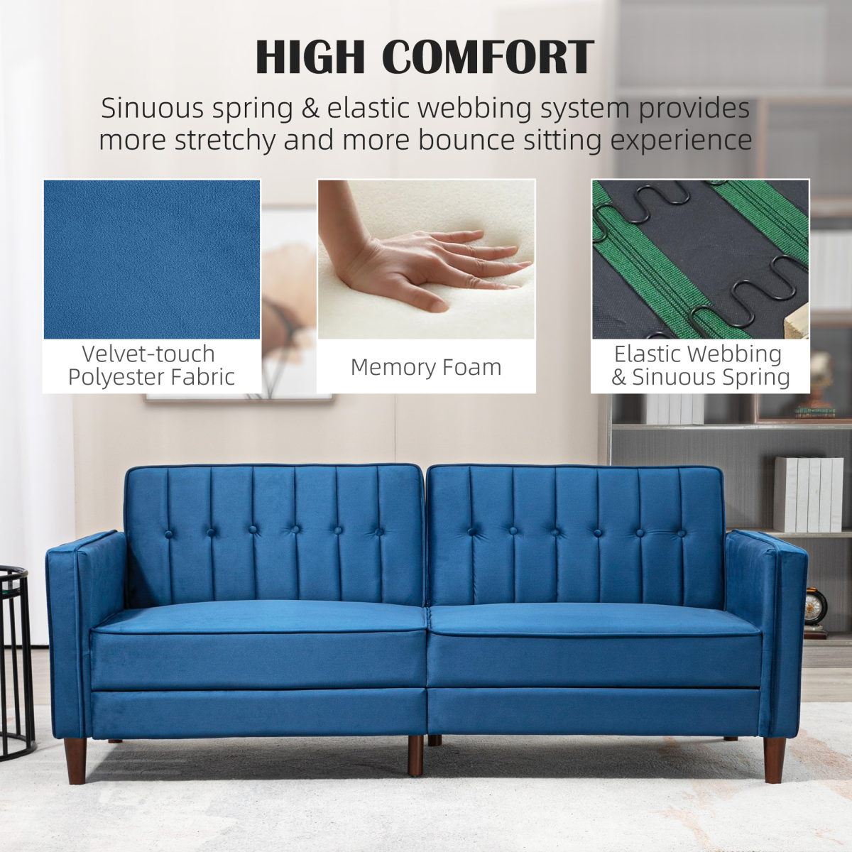HOMCOM Convertible Sofa Futon Velvet-Touch Tufted Couch Sofa Bed Blue