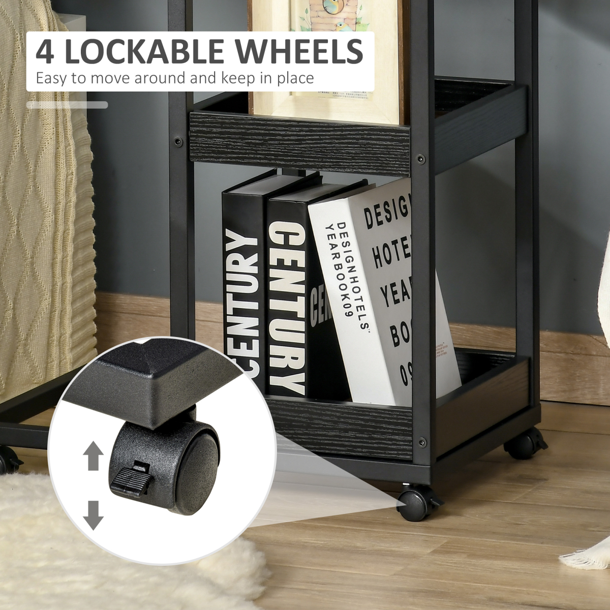 C-Shaped Mobile Couch Bed Side Table w/ 3-tier Storage Shelf - Brown HOMCOM