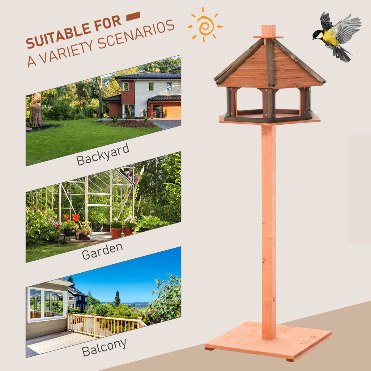 Wooden Bird Feeder Wooden Bird Table Bird Feeder with Roof, Brown, 130cm