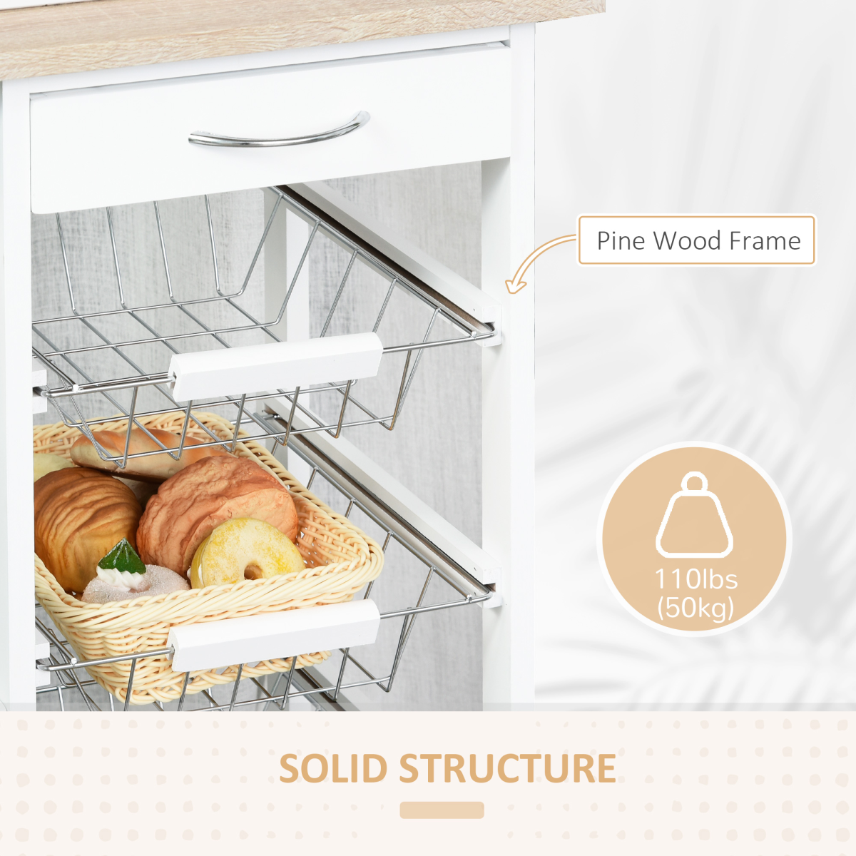 Multi-Use Kitchen Island Trolley 4 Baskets 2 Side Racks Drawer Wheels White