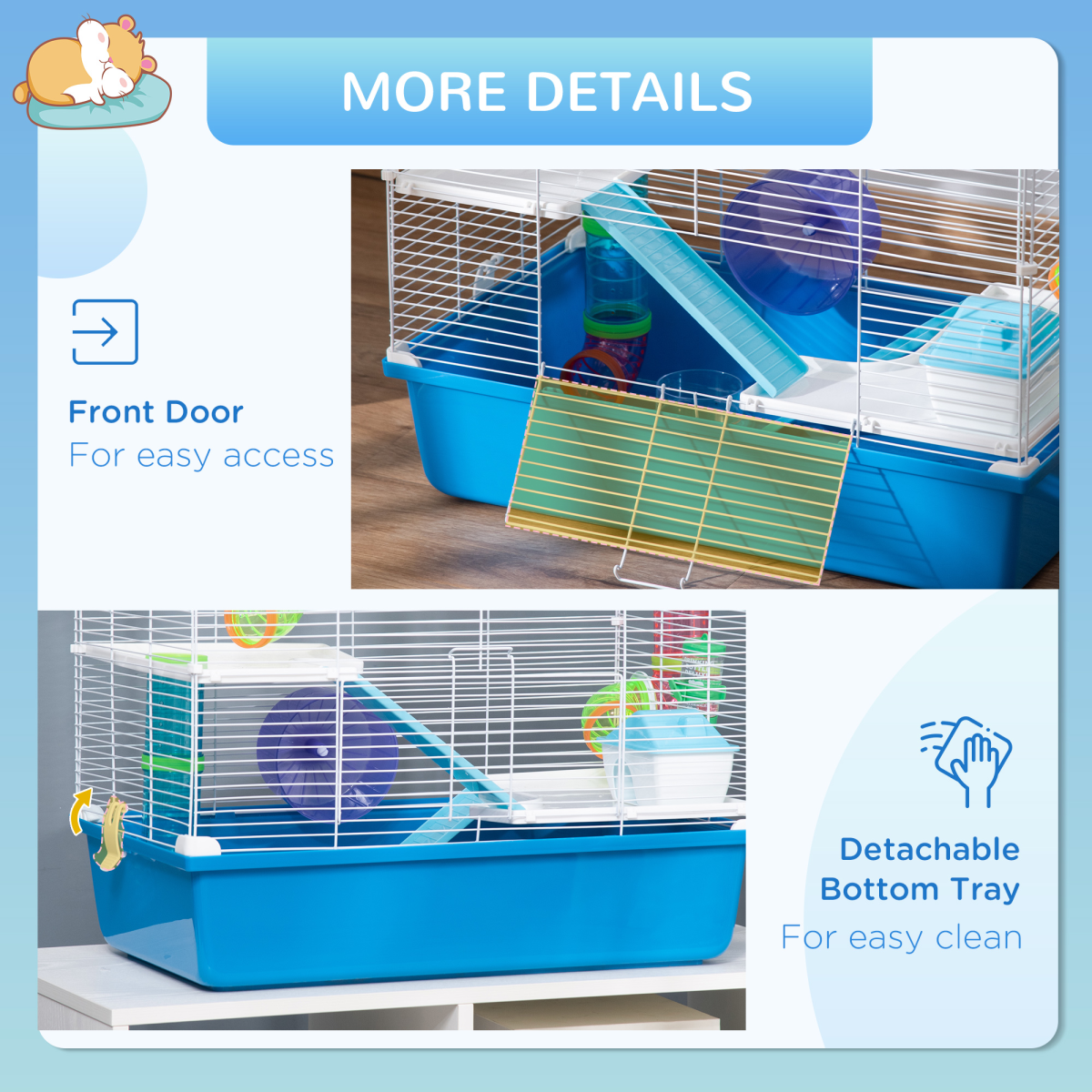 Hamster Cage Rodents House w/ Tubes Exercise Wheel, Water Bottle -  Blue