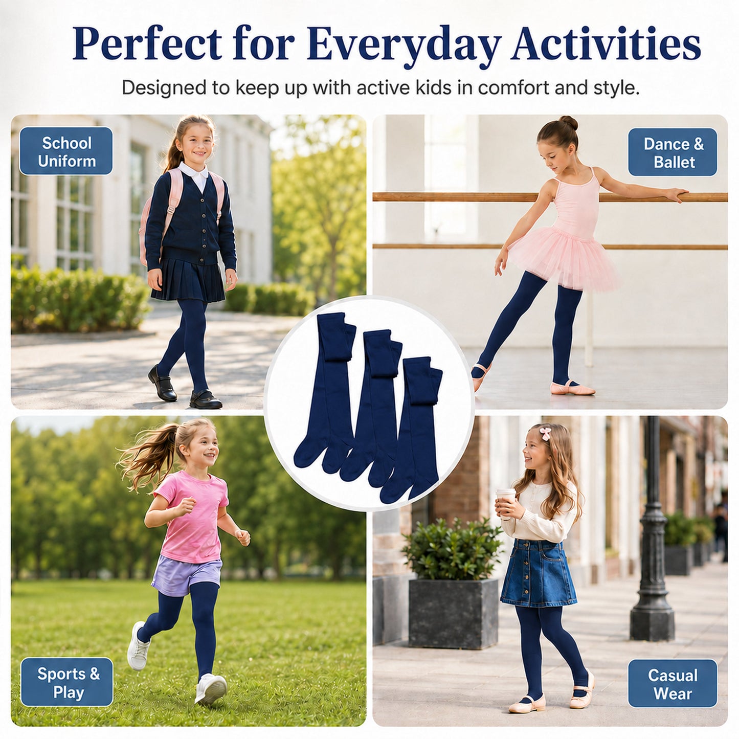 Sock Stack Girls Cotton Lycra Tights 3 Pairs Cotton Rich Back To School Uniform Reinforced Heel Toe Multipack Value