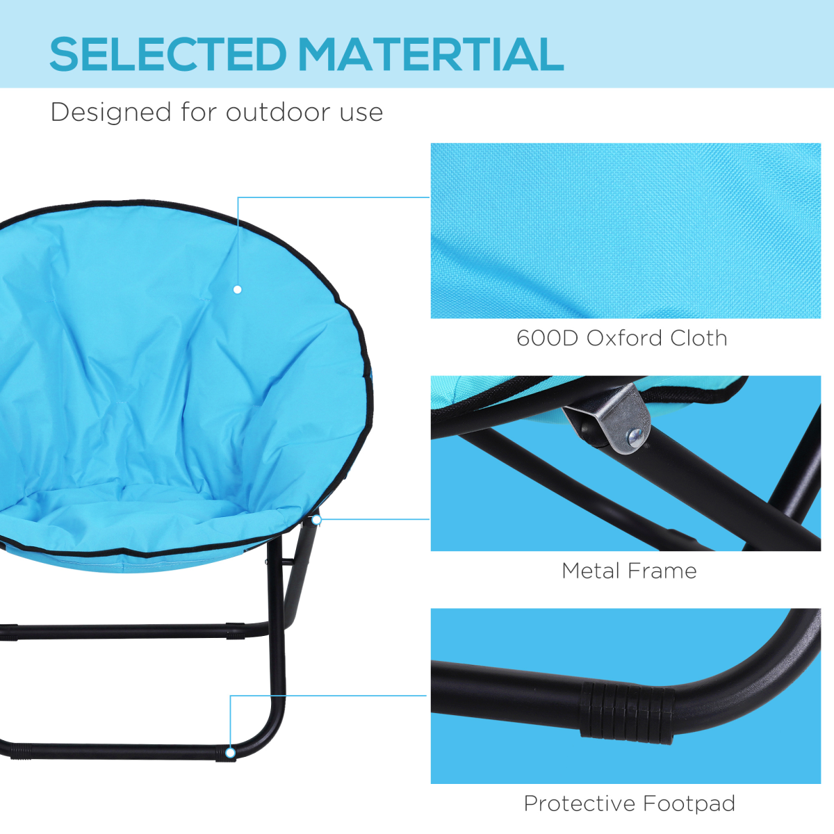 Folding Saucer Moon Chair, 80Lx80Wx75H cm, Metal Frame, 600D Oxford Cloth-Blue