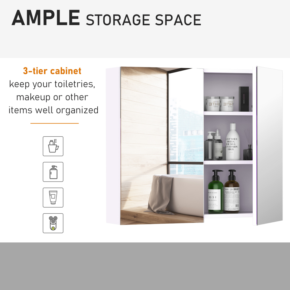 Wall Mounted Bathroom Mirror Storage Cabinet w/ Door Adjustable Shelf HOMCOM