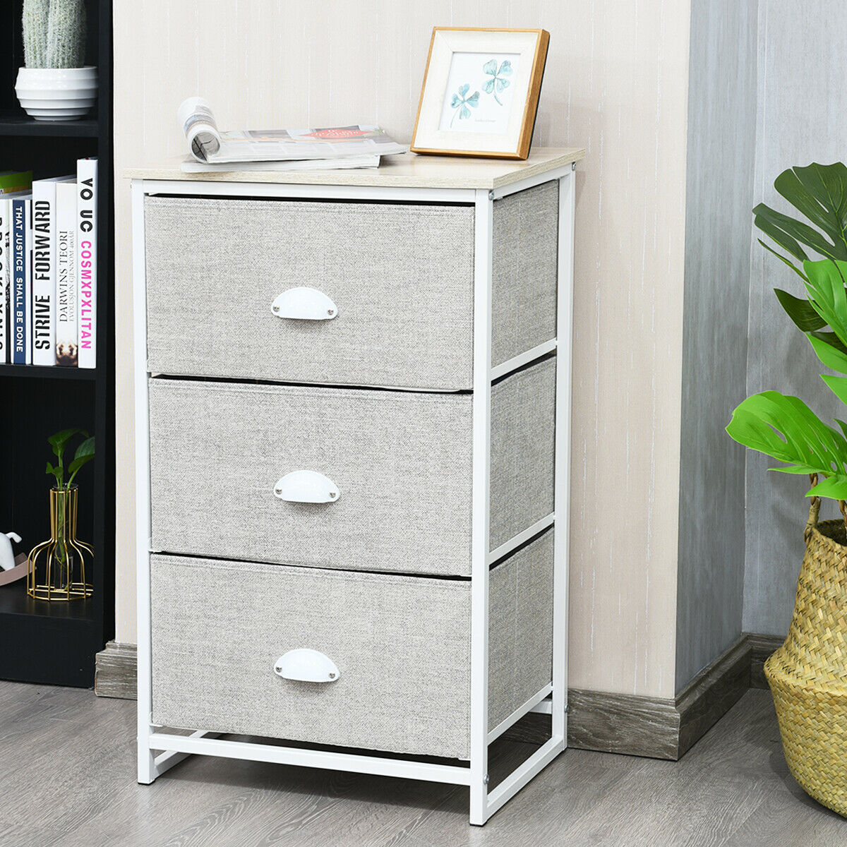 3/4 Fabric Nightstand Bedside Storage Cabinet Folding Drawers-4-Tier-Black