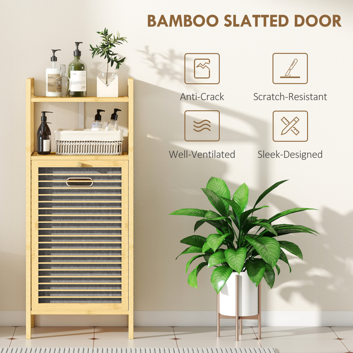 HOMCOM Removable 37L Laundry Hamper with Bamboo Bathroom Storage Cabinet