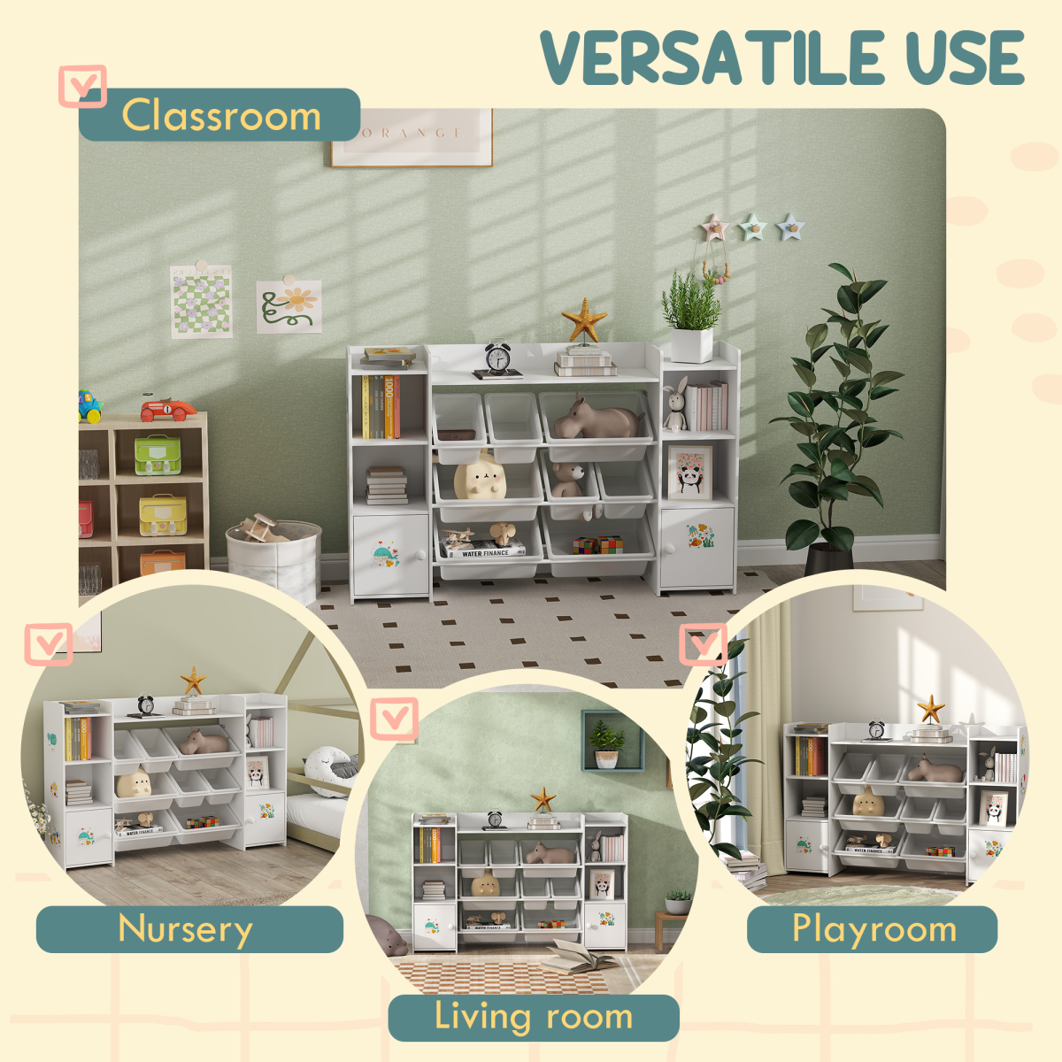 AIYAPLAY Kids Toy Storage Organiser with 8 Removable Storage Bins, White