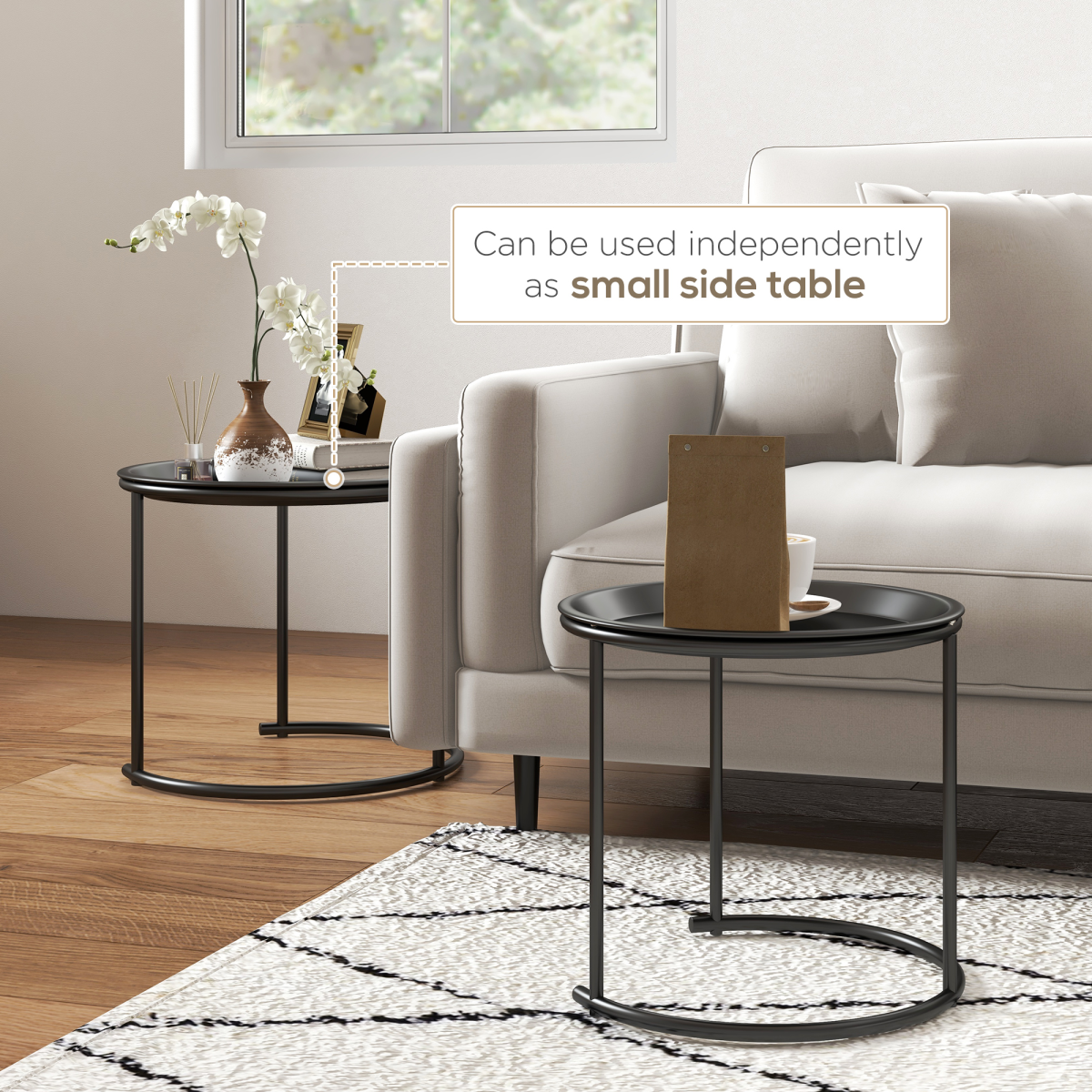 HOMCOM Nesting Tables Set of 2, End Table with Removable Tabletop Tray White