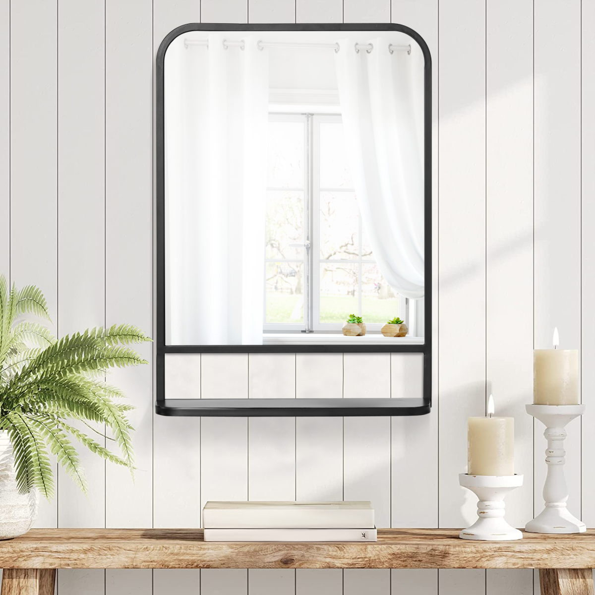 Square Wall Mirror with Shelf, 70x50 cm Modern Mirrors for Living Room, Bedroom