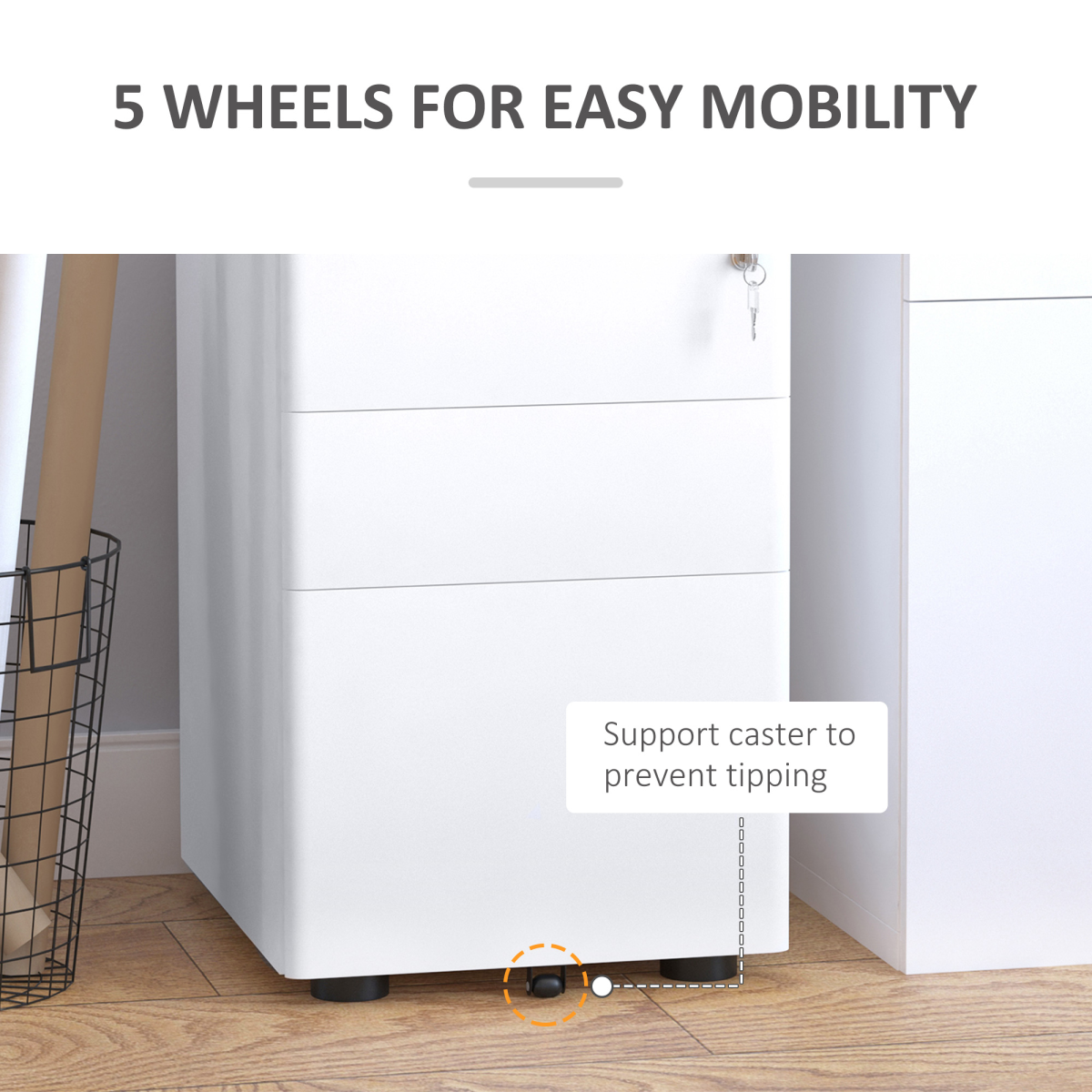 3 Drawer Metal Filing Cabinet Lockable 4 Wheels Compact Under Desk White