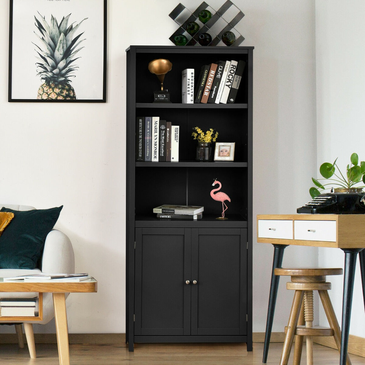 Wooden Tall Bookcase with 3-Tier Storage Cabinet-Grey