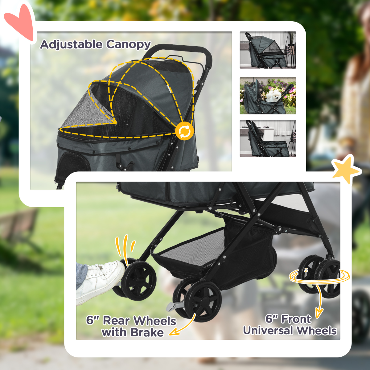 PawHut Pet Stroller - Foldable Dog Carriage w/ Reversible Handle - Grey