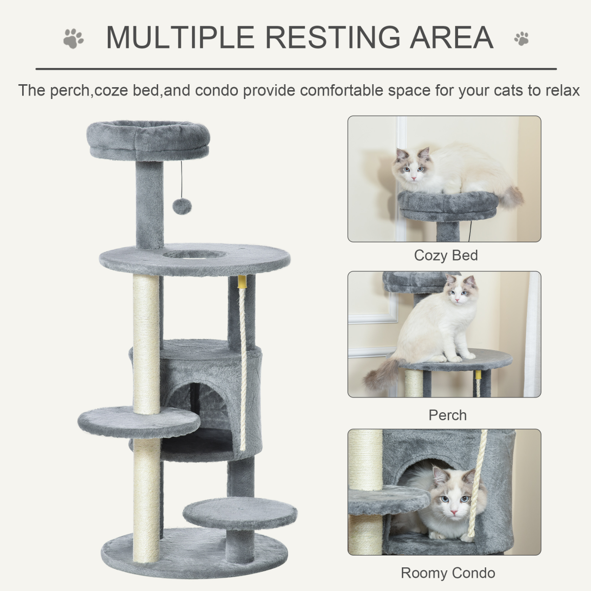 Cat Tree Tower Activity Center with Hanging Ball Toy Teasing Rope Dark grey