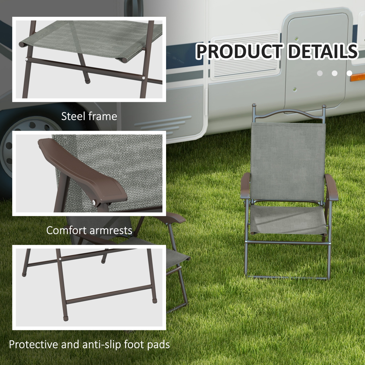 Outsunny Folding Chairs Set with Armrest, Breathable Mesh Fabric Seat, Dark Grey