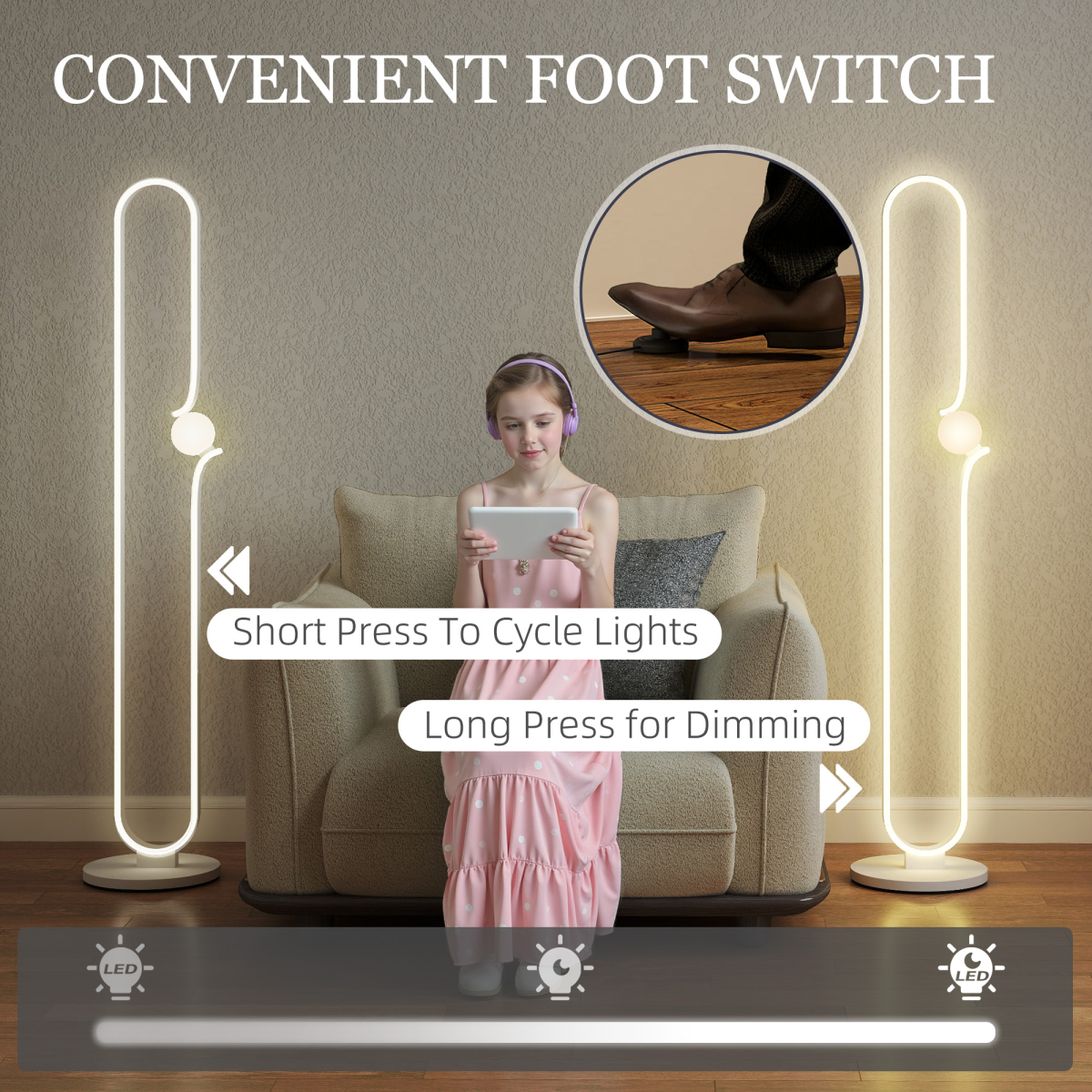 HOMCOM Dimmable LED Floor Lamp with Glass Night Light, Foot Switch, White