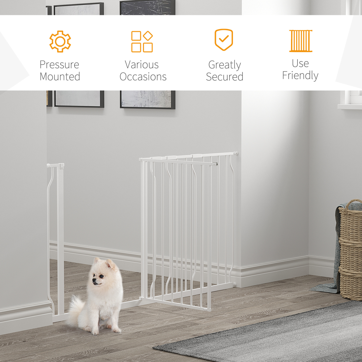 Pet Safety Gate Dog Barrier Dog Metal Pet Barrier, for Doorways - White