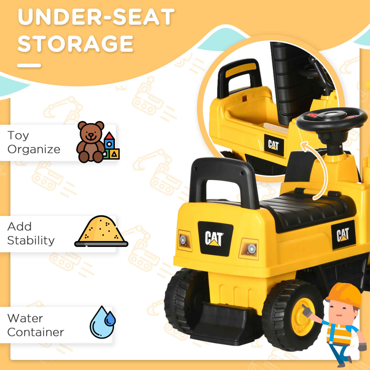 HOMCOM CAT Licensed Kids Construction Ride-On Digger w/ Shovel, for 1-3 Years