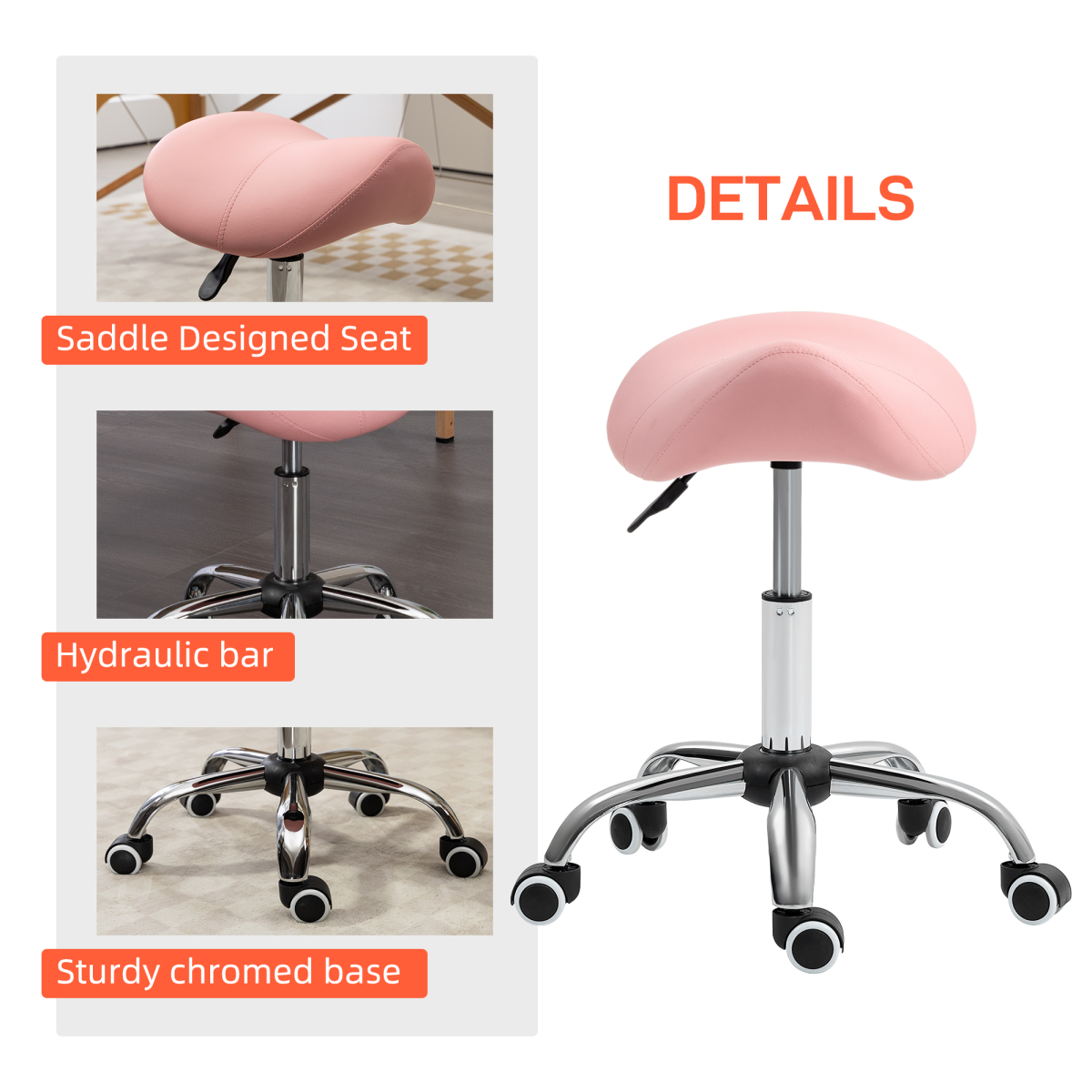 HOMCOM PU Leather Saddle Stool w/ Moulded Padded Seat Adjustable Height Pink