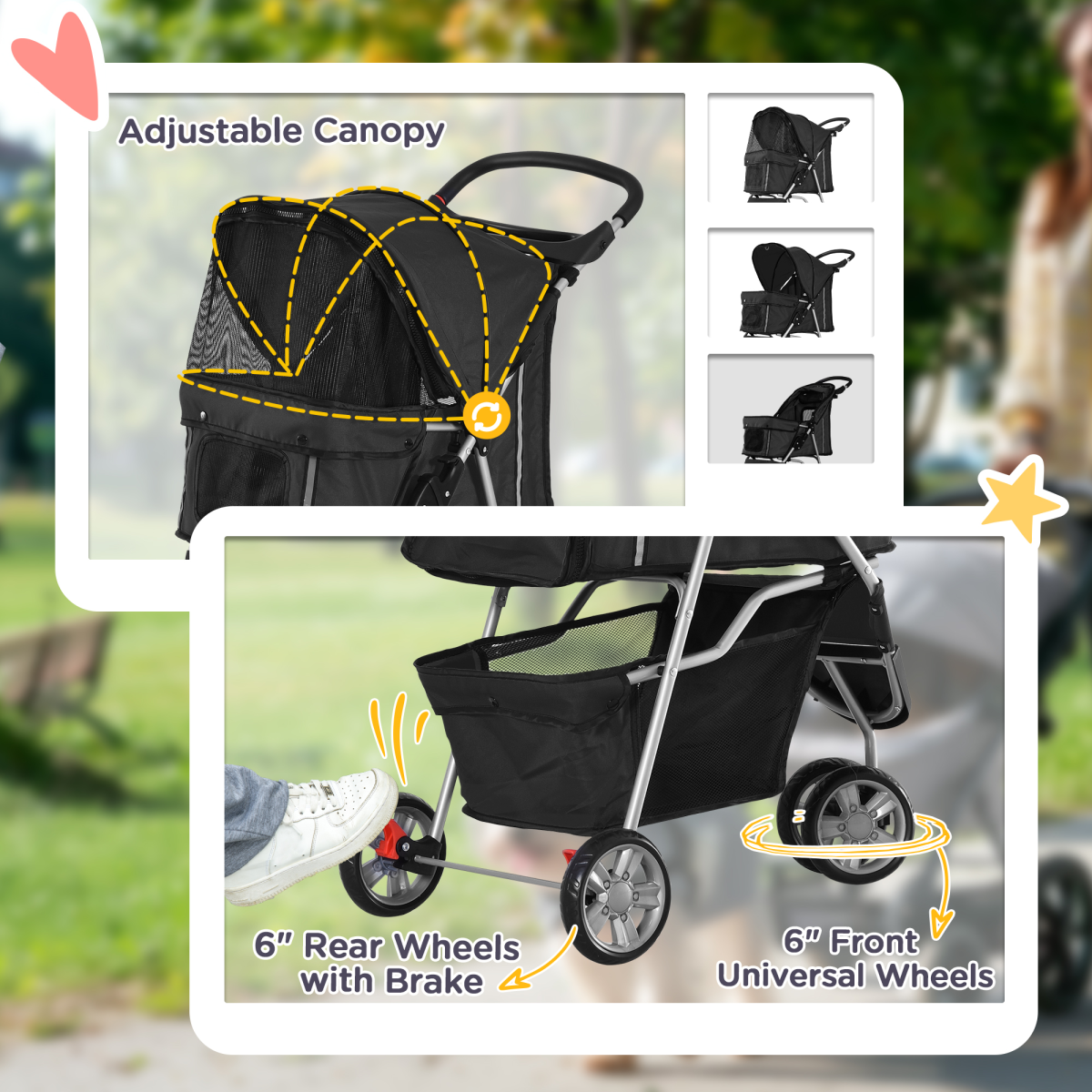 Pet Stroller Pushchair Carrier for Cat Puppy with 3 Wheels Black
