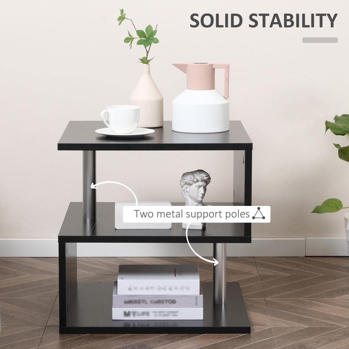 50Lx50Wx50H cm Wooden Side S Shape Cube Coffee Console Table 2-Tier Black