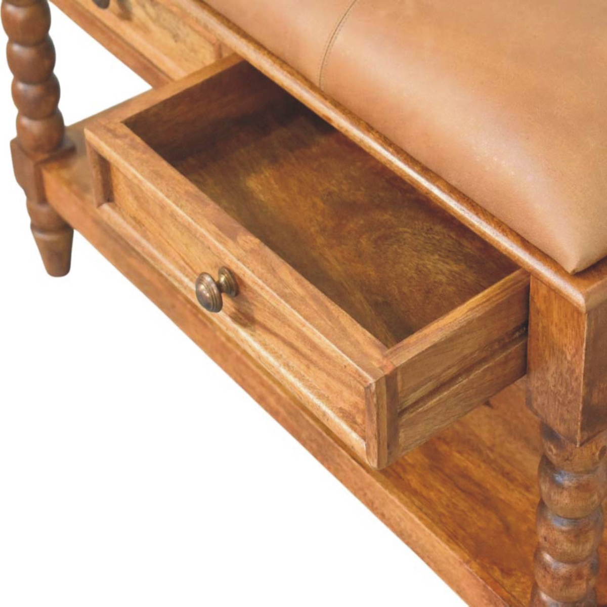 Artisan Furniture Solid Wood Upholstered Leather Spindle Bench, 2 Drawers, 1 Shelf, Brown