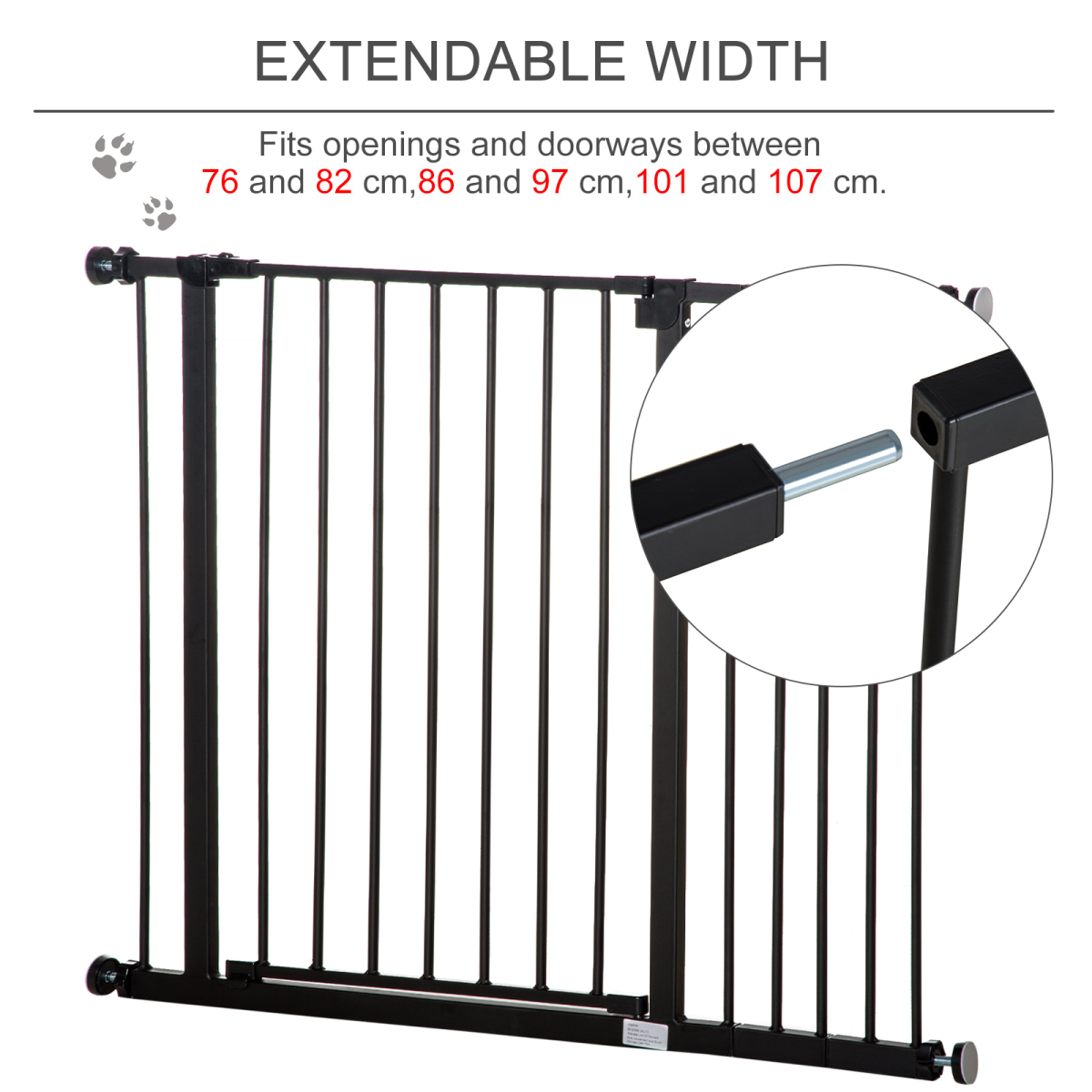 Pressure Fit Dog Gate Pet Barrier for stairs doorway, 76-107cm Width Black