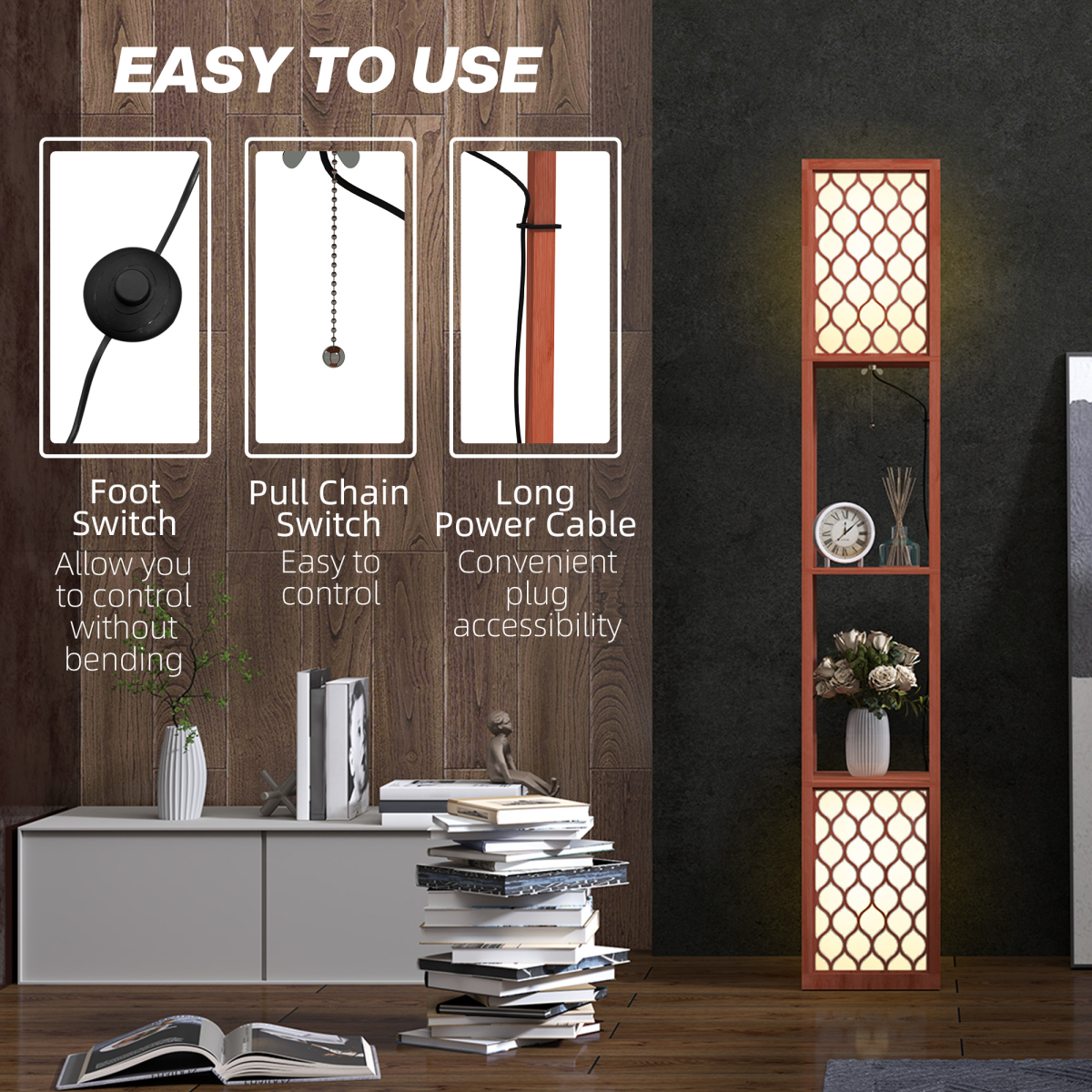 HOMCOM 2-Light Modern Floor Lamp with Shelves for Living Room, Bedroom, Brown