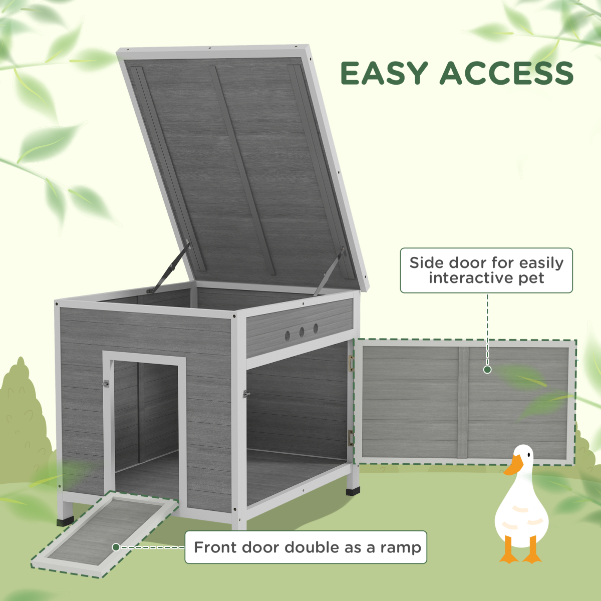 PawHut Wooden Duck House, Poultry Coop w/ Double Doors, Openable Roof, Grey