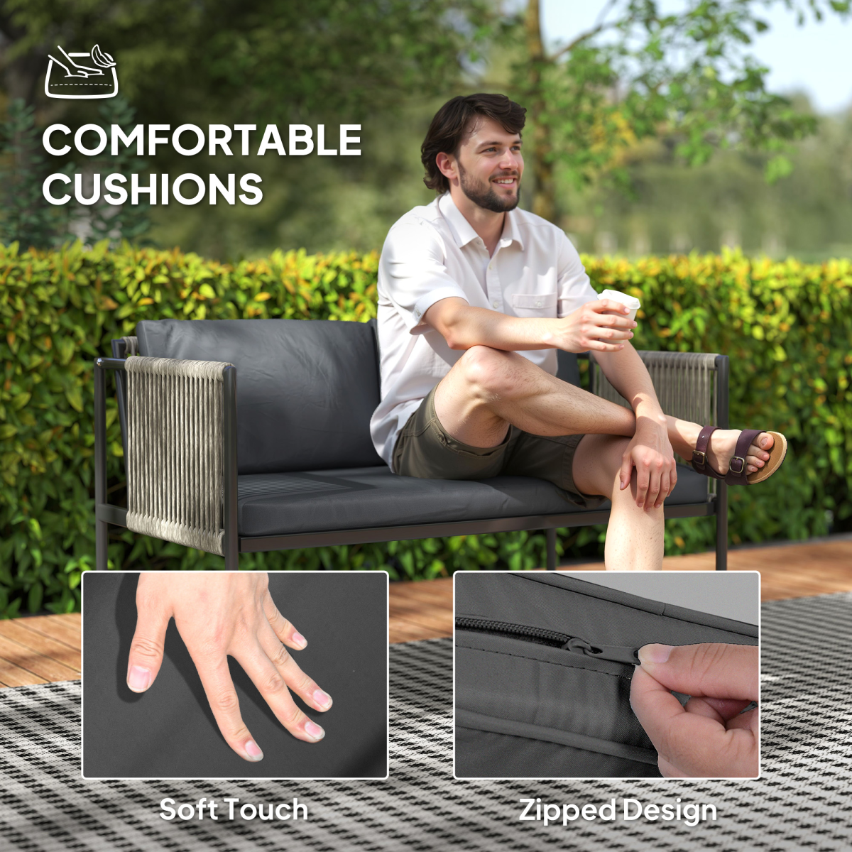 Outsunny 4 Seater Wicker Outdoor Furniture Set with Glass Coffee Table Grey