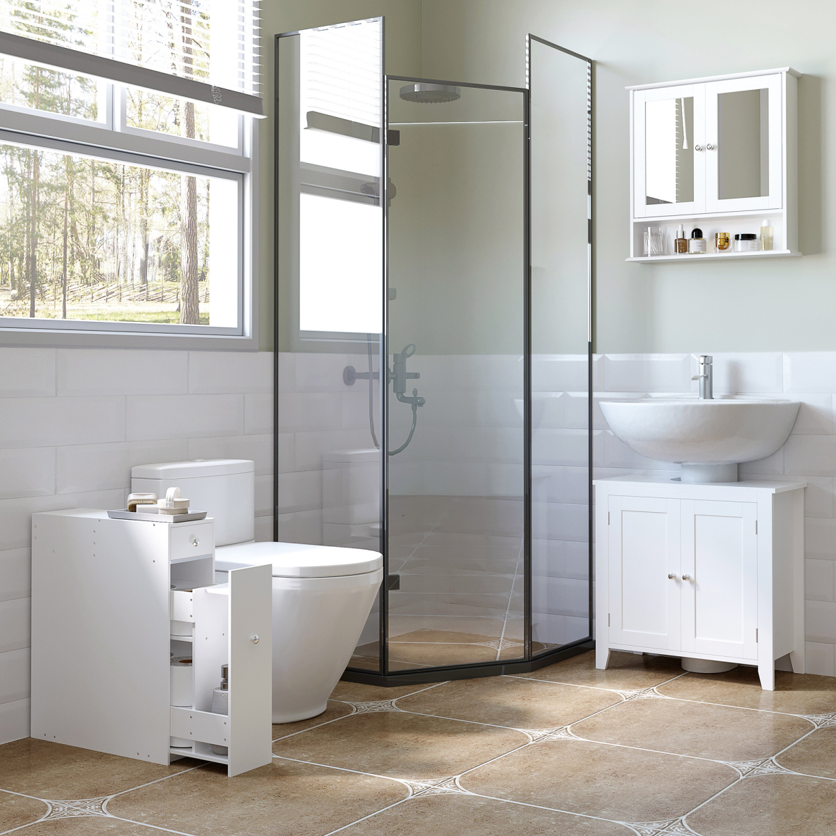HOMCOM Slim Floor Cabinet Narrow Wooden Storage with Drawers Bathroom White