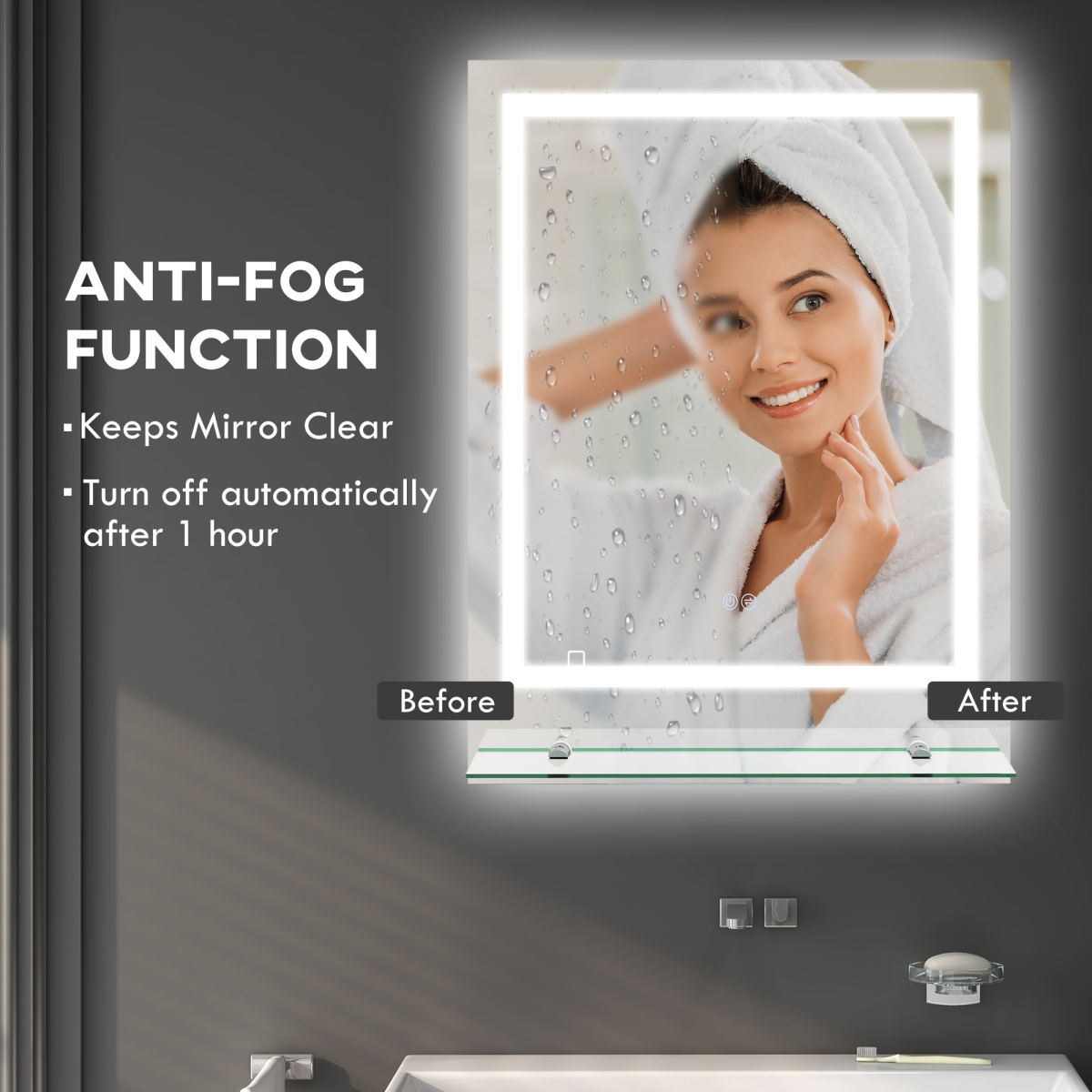 kleankin Dimmable Bathroom Mirror with LED Lights, Defogging Film, Clear