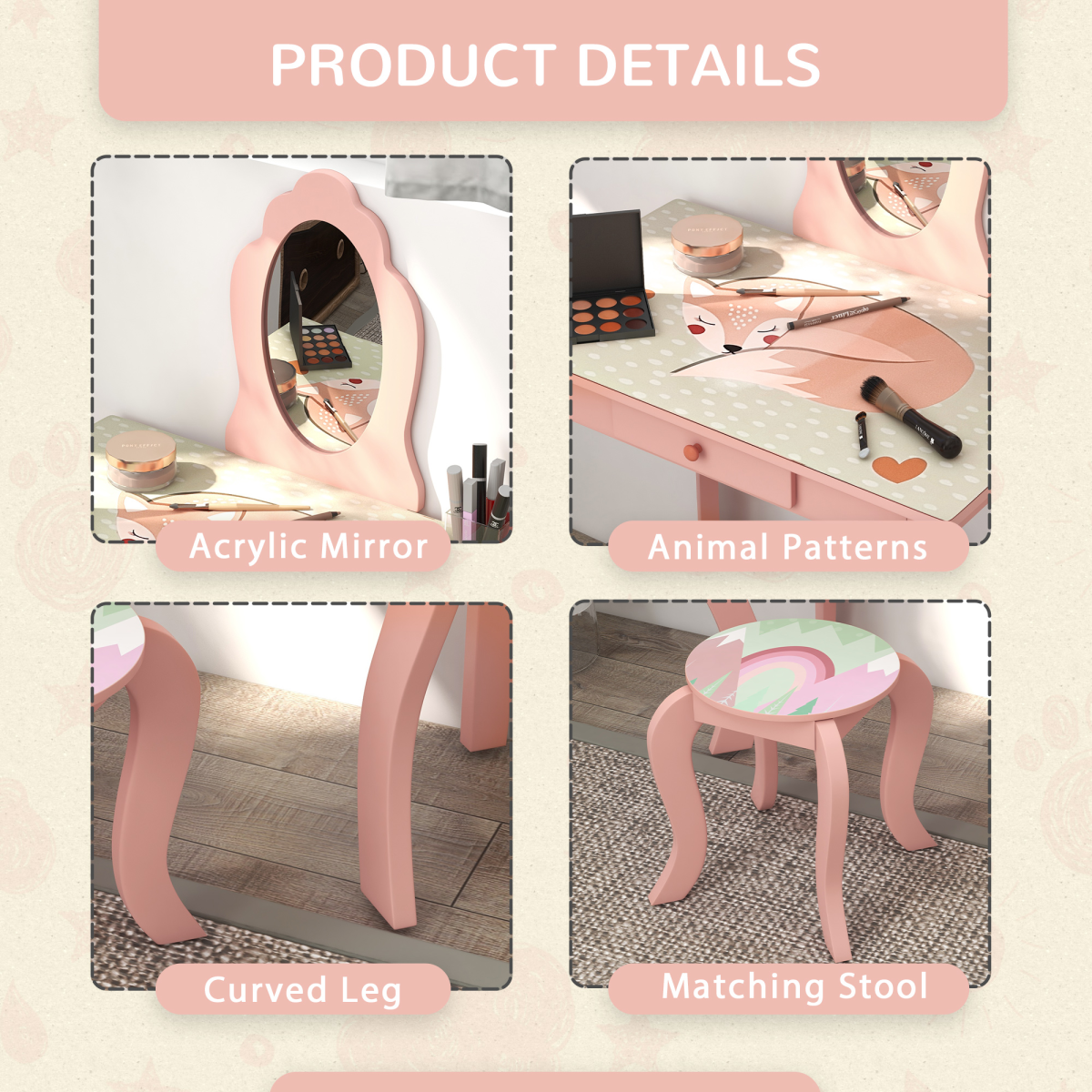 ZONEKIZ Kids Dressing Table with Mirror Stool Drawer, Cute Animal Design, Pink