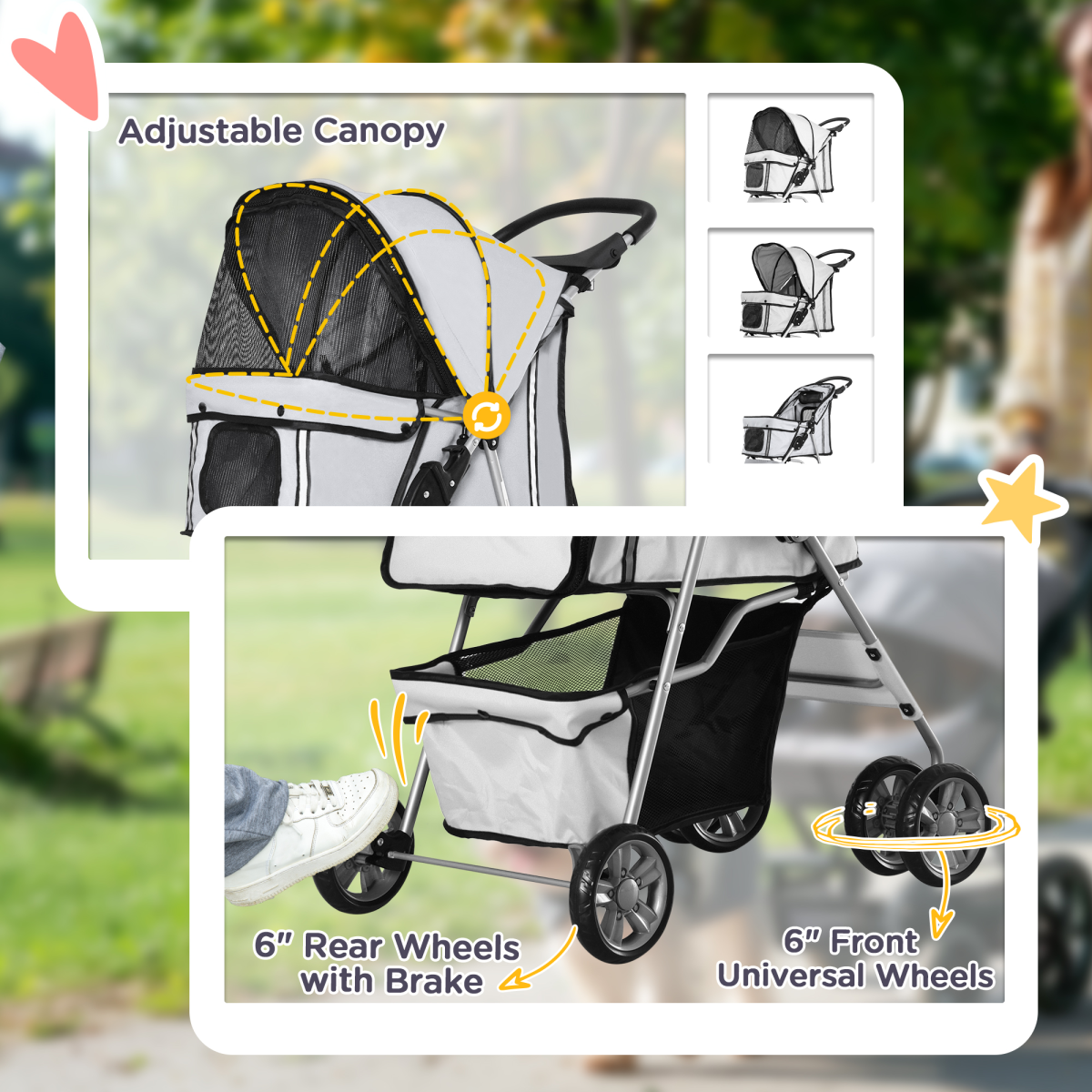 Pet Stroller Cat Dog Basket Zipper Entry Fold Cup Holder Carrier Cart Grey