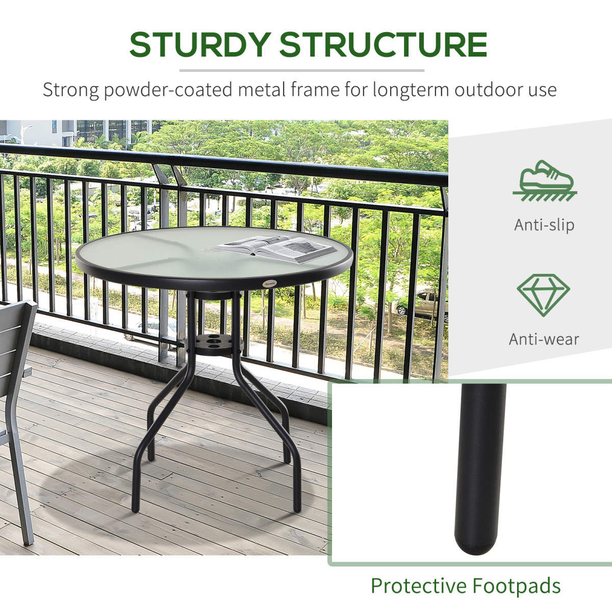 80cm Outdoor Round Dining Table Garden Patio Tempered Glass Top w/ Parasol Hole