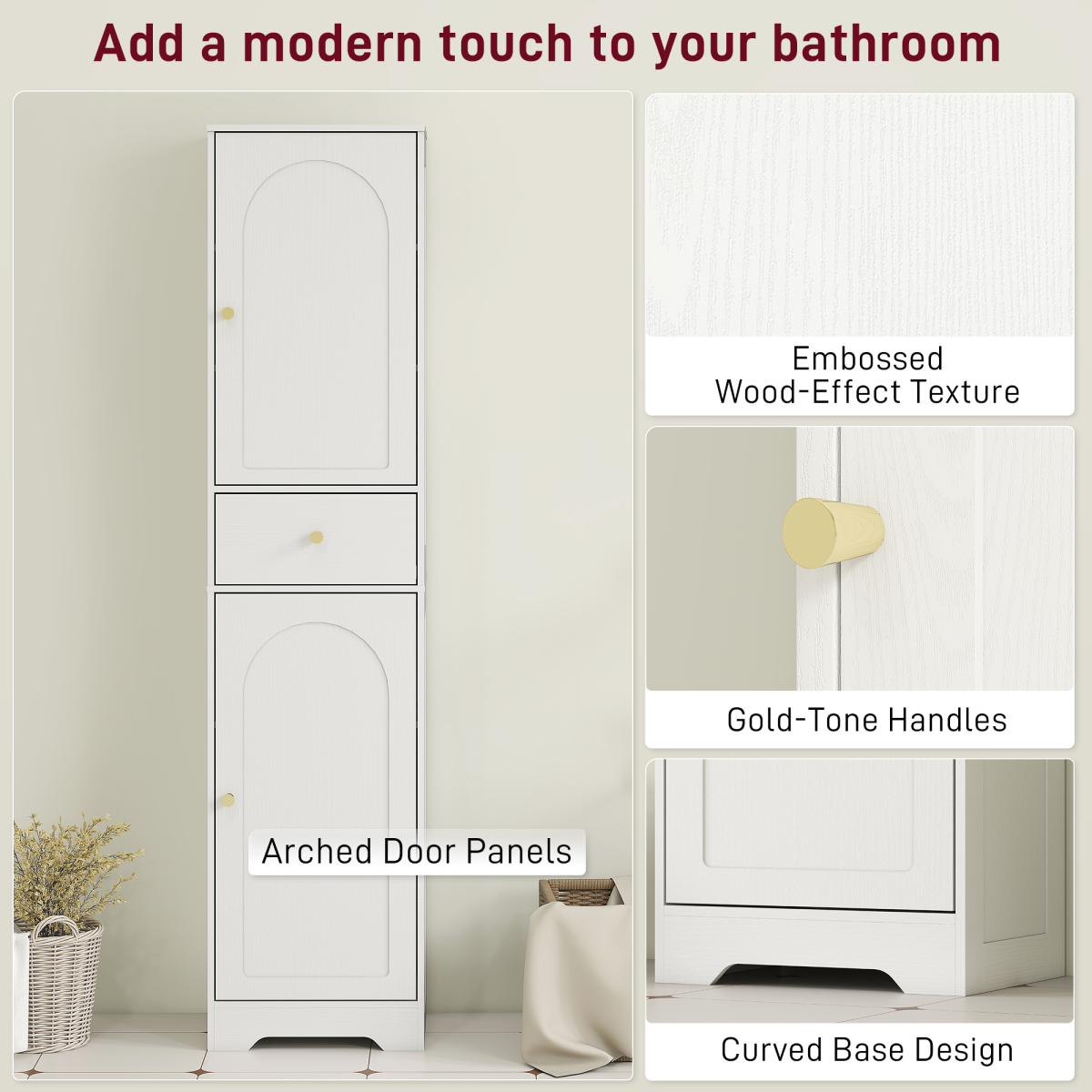 HOMCOM Tall Bathroom Storage Cabinet with Arch Doors Adjustable Shelf White