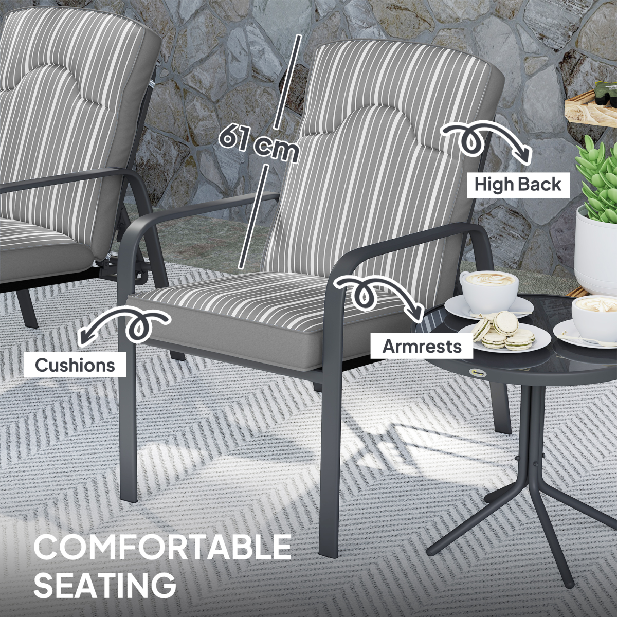 Outsunny 3-Piece Recliner Garden Chairs and Tempered Glass Table Set, Grey
