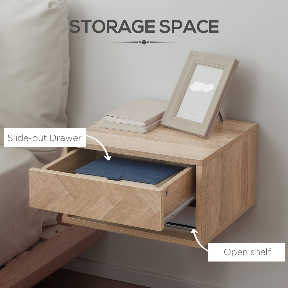 HOMCOM Floating Bedside Table Set of 2 Wall Mounted Nightstand W/ Drawer Natural