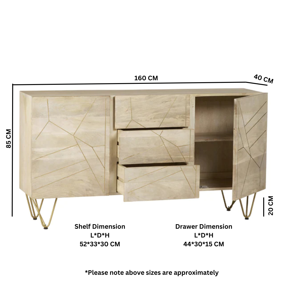 Light Gold Extra Large Sideboard 3 Drawers And 2 Doors