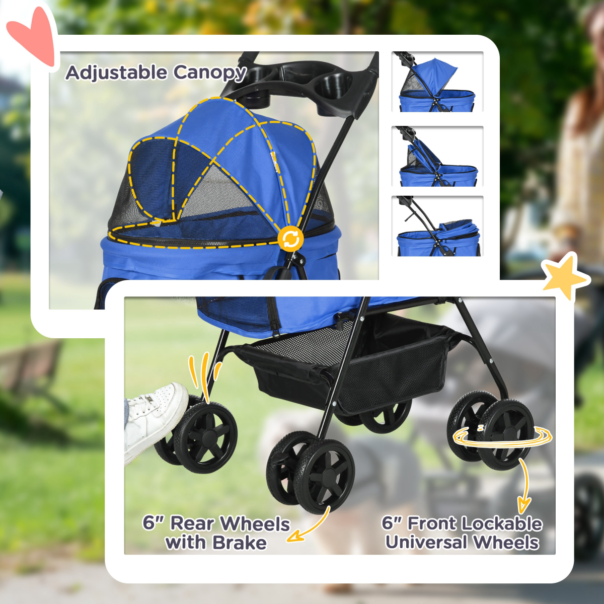 Pet Stroller  Foldable Travel Carriage with Brake Basket Adjustable Canopy