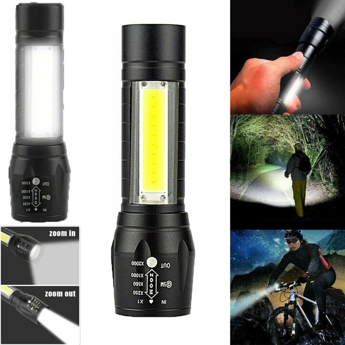 2Pcs Mini Zoomable LED Flashlight USB RechargeableCamping Hiking Flashlight Work light