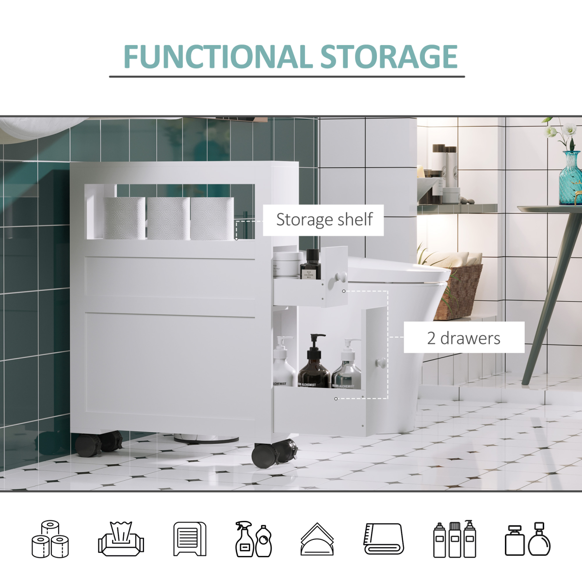 HOMCOM 72x16cm Narrow Bathroom Storage Unit 2 Drawers Open Top 4 Wheels